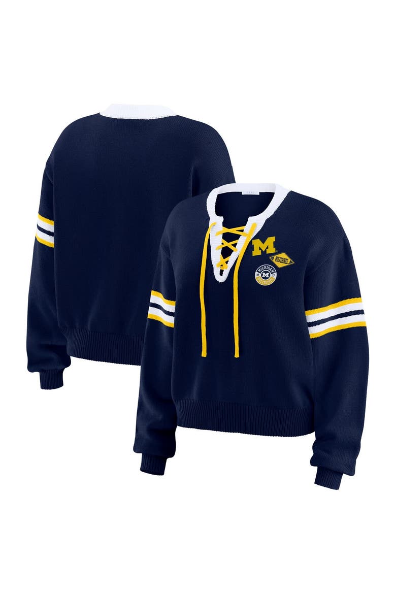 Women's WEAR by Erin Andrews Navy Michigan Wolverines Lace-Up Pullover Sweater, Alternate, color, Navy