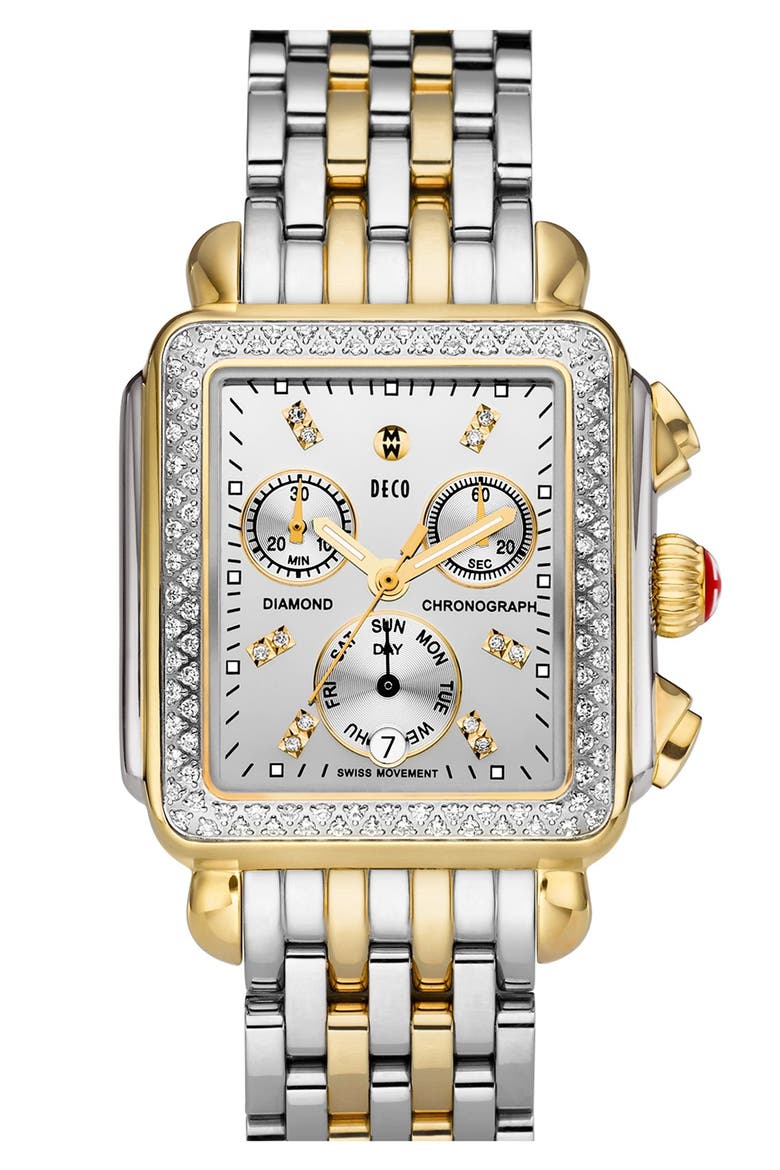 'Deco Diamond' Diamond Dial Two-Tone Watch Case, 33mm x 35mm, Alternate, color, GOLD/ SILVER