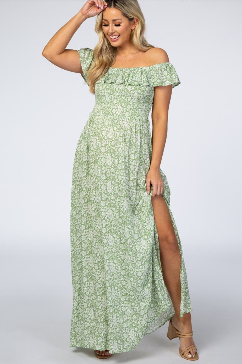 Floral Ruffle Off Shoulder Maxi Dress, Alternate, color, Light Olive