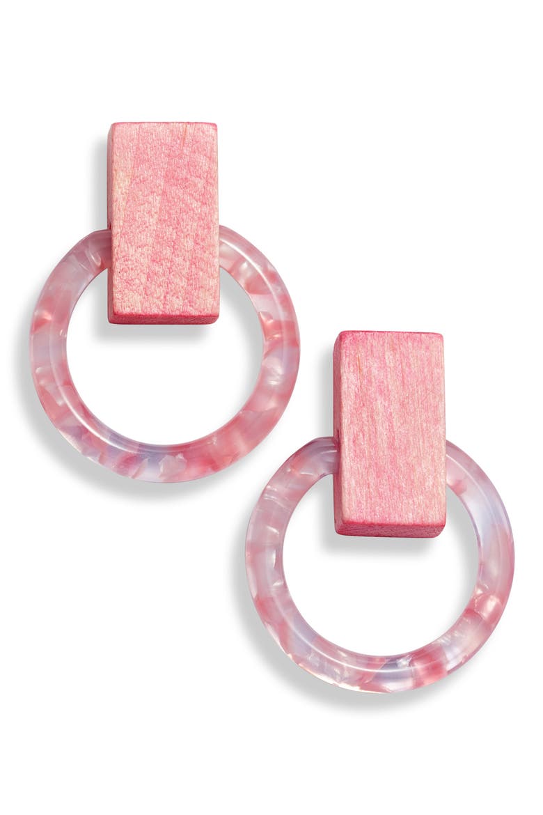 Horsebit Button Hoop Earrings, Main, color, PETAL PINK