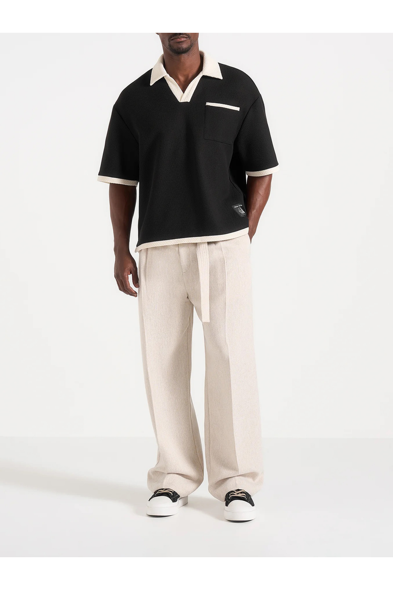Brice Boxy Crochet Detail Polo Shirt, Alternate, color, Black