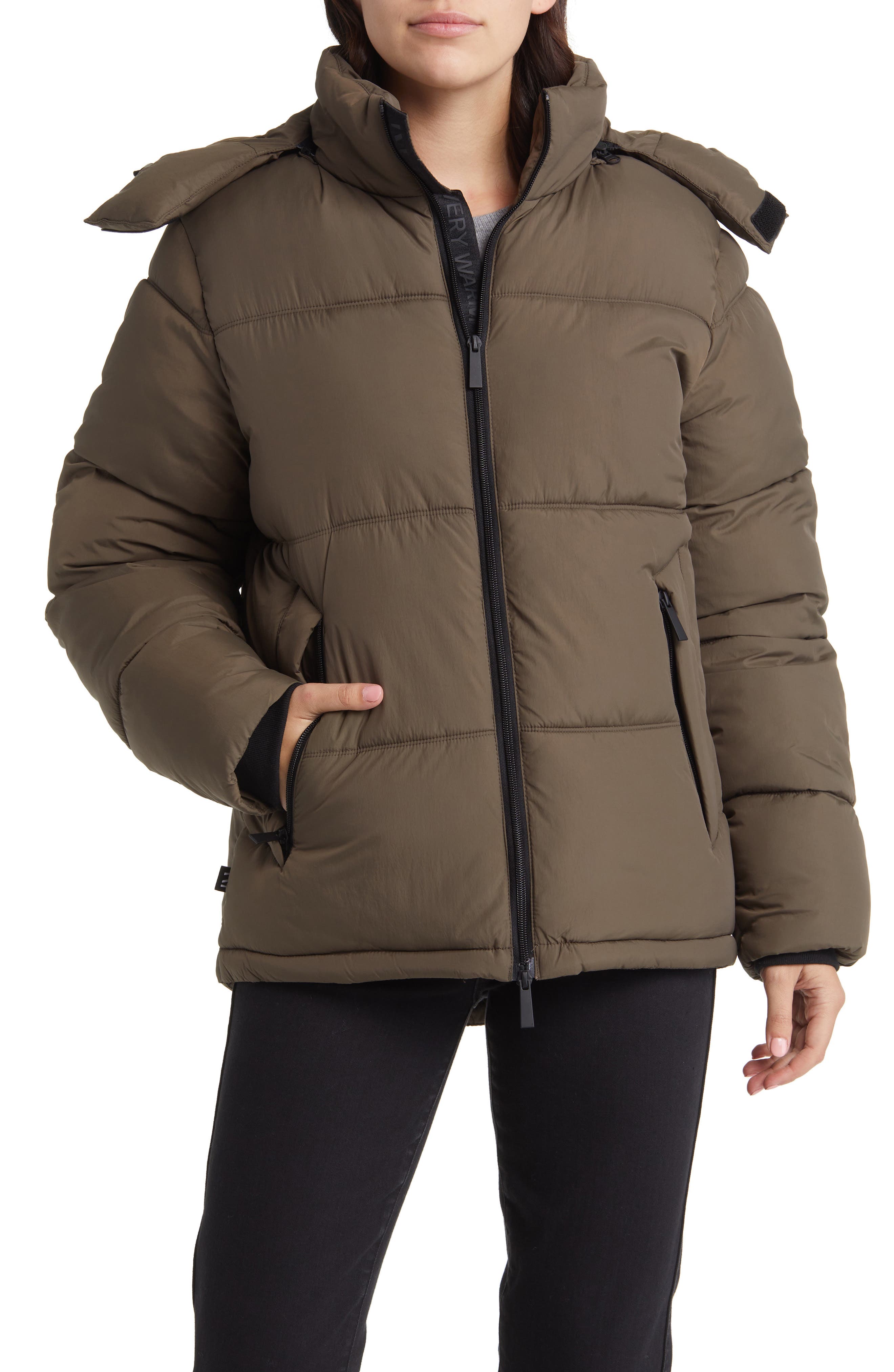 The Very Warm Hooded Water Resistant 500 Fill Power Down Recycled Nylon Puffer Jacket in Canteen 