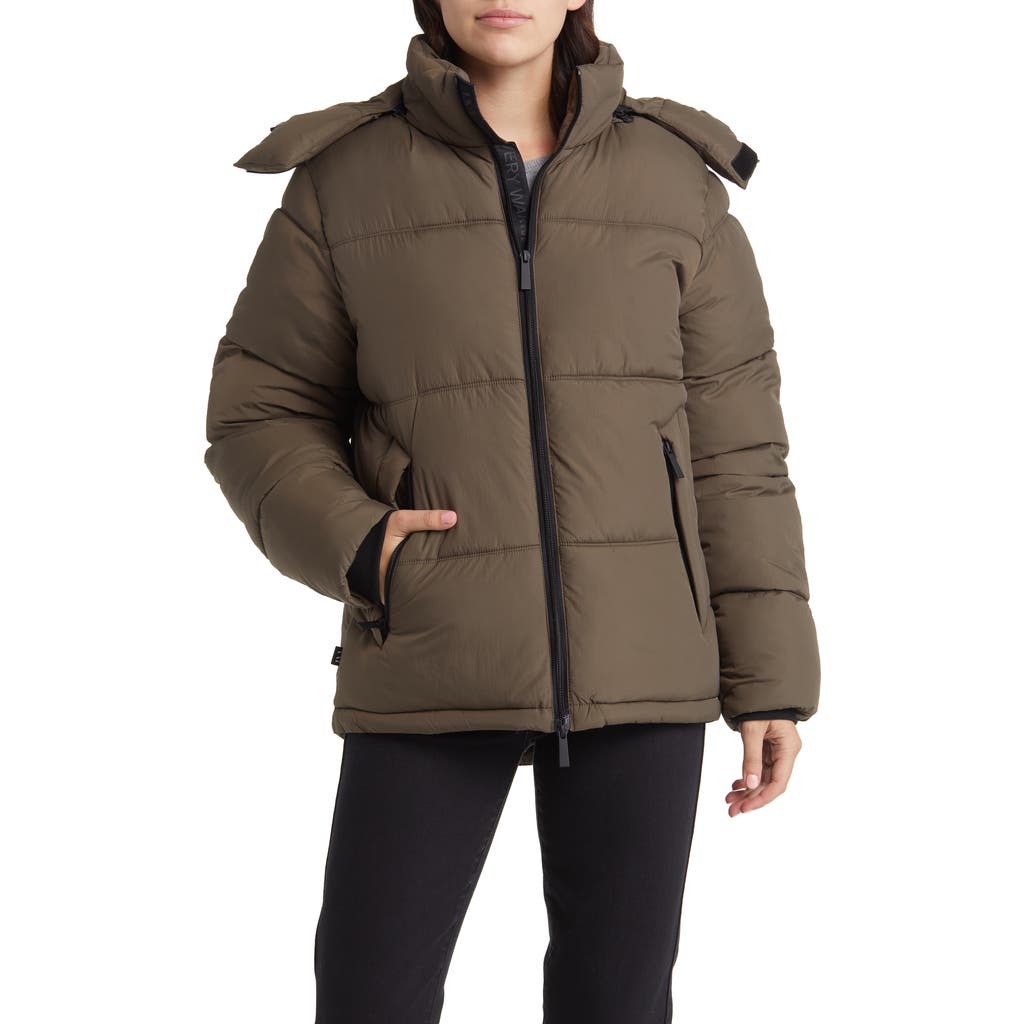 The Very Warm Hooded Water Resistant 500 Fill Power Down Recycled Nylon Puffer Jacket in Canteen