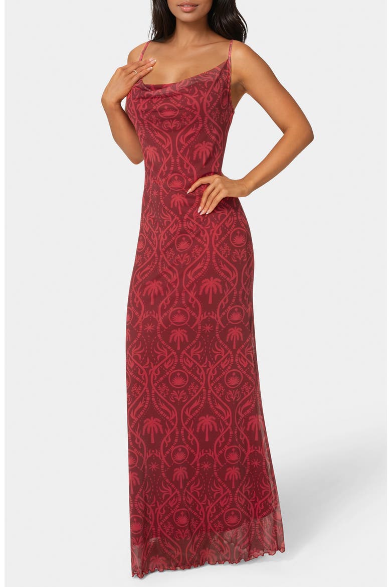 Printed Mesh Cowl Midi Dress, Alternate, color, MERLOT