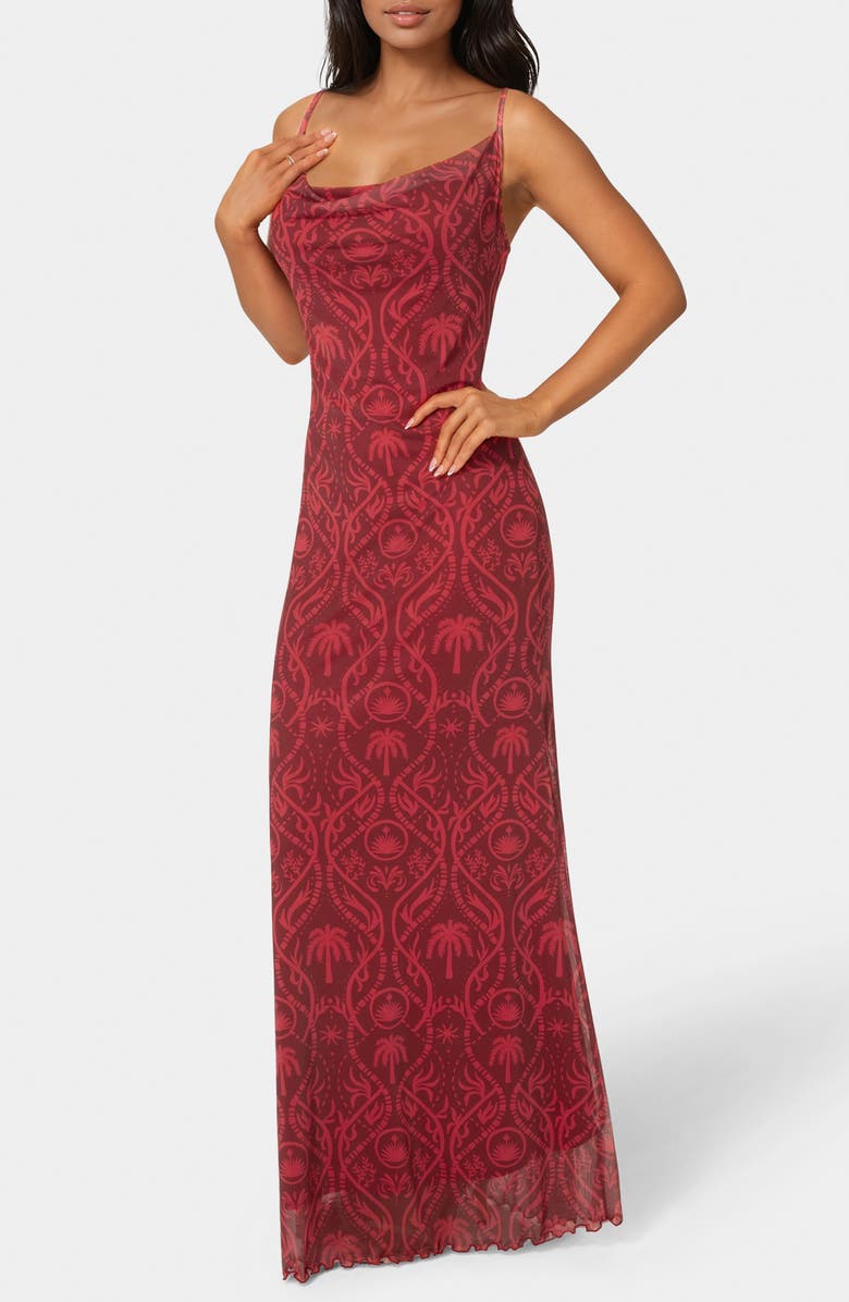 bebe Printed Mesh Cowl Midi Dress, Alternate, color,