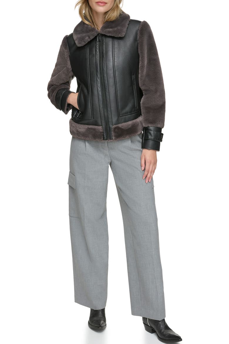 Faux Fur Trim Faux Leather Aviator Jacket, Alternate, color, PEPPERCORN