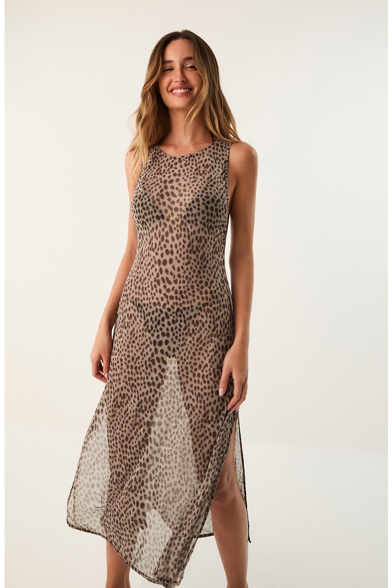 Twist Leopard Print Mesh Cover-Up Dress, Alternate, color, MULTI