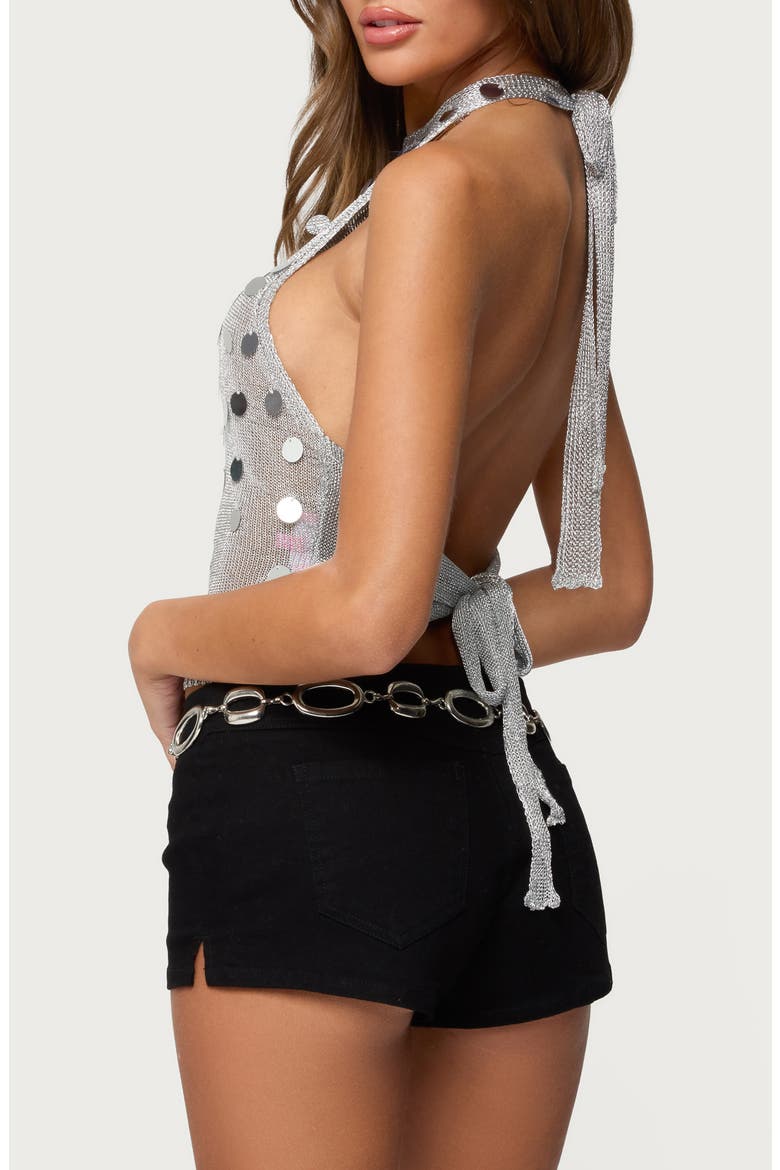 Metallic Paillette Sequin Open Back Halter Semisheer Crop Top, Alternate, color, SILVER