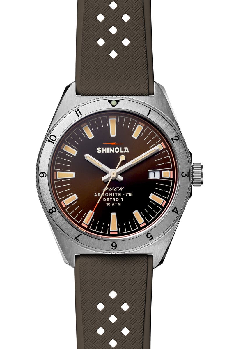 Shinola Duck Brown Rubber Strap Watch, 40mm, Main, color, Mallard Brown