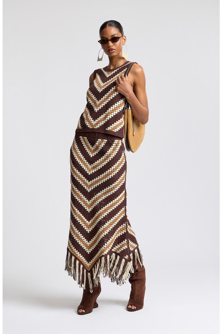 Chevron Crochet Fringe Midi Skirt, Alternate, color, BROWN MULTI