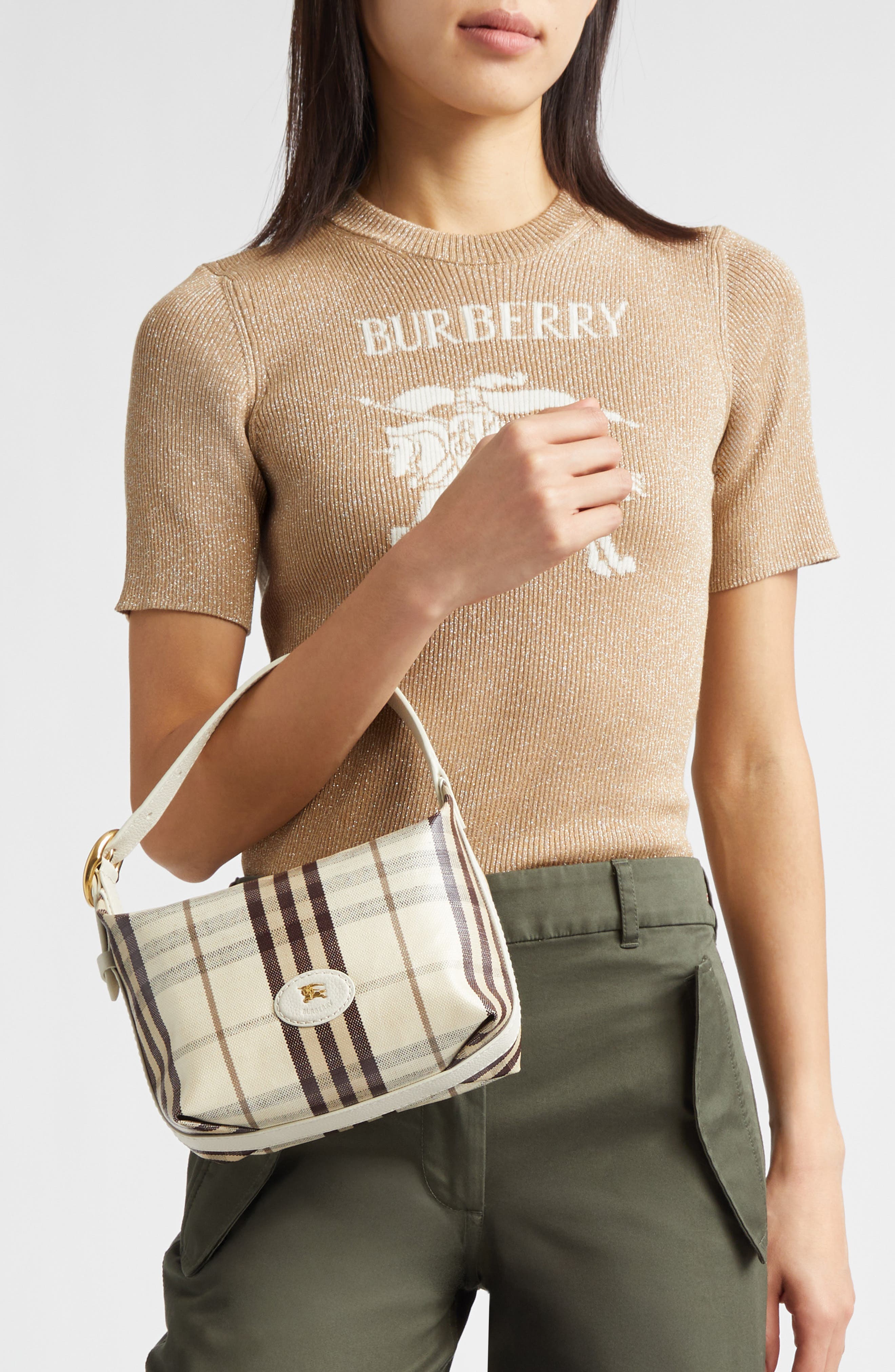 Burberry Highlands Check Coated Canvas Top Handle Bag, Alternate, color, Light Beige