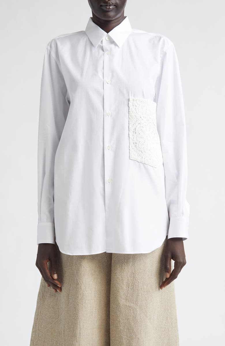 Comme des Garçons Cotton Broadcloth Button-Up Shirt with Chemical Lace Pocket, Main, color, White X Off-White