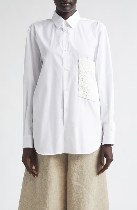 Cotton Broadcloth Button-Up Shirt with Chemical Lace Pocket