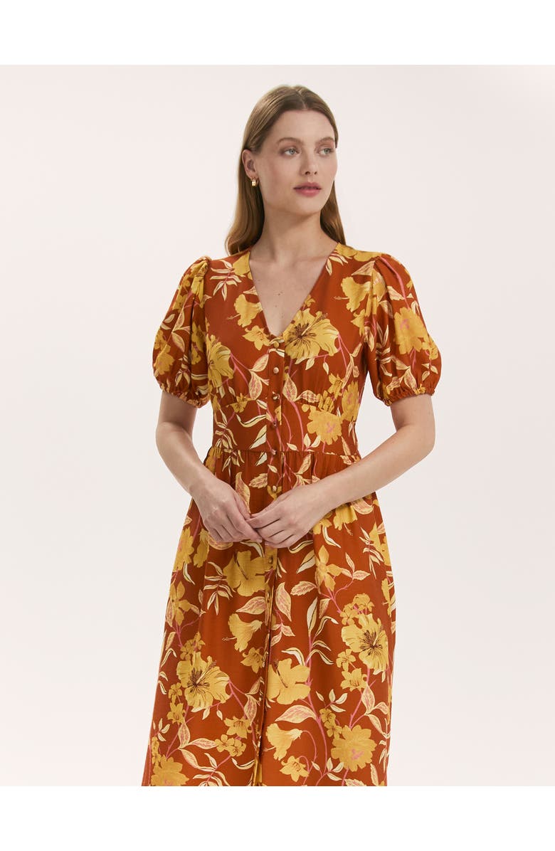 Finery London QAddison Floral Linen Blend Midi Dress, Alternate, color, Brown Floral
