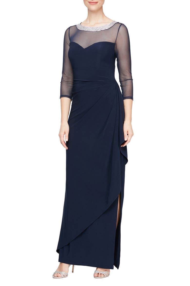 Embellished Illusion Neck Matte Jersey Gown, Main, color, NAVY