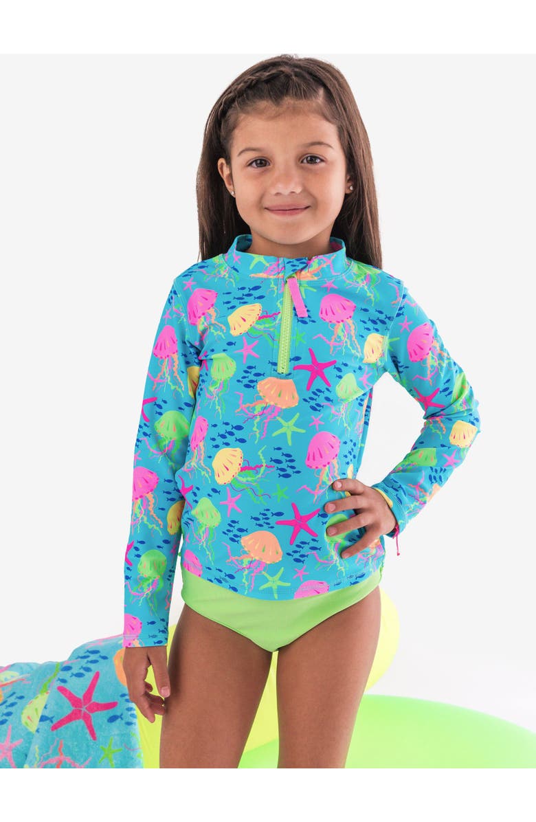 RuffleButts Toddler Girls UPF50+ Long Sleeve Zipper Rash Guard 2-Piece, Alternate, color, Neon Jelly Time