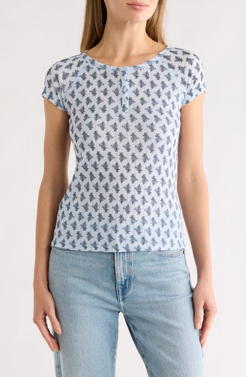 Pointelle Cap Sleeve Cotton Blend Henley