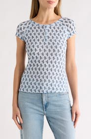 Lucky Brand Pointelle Cap Sleeve Cotton Blend Henley