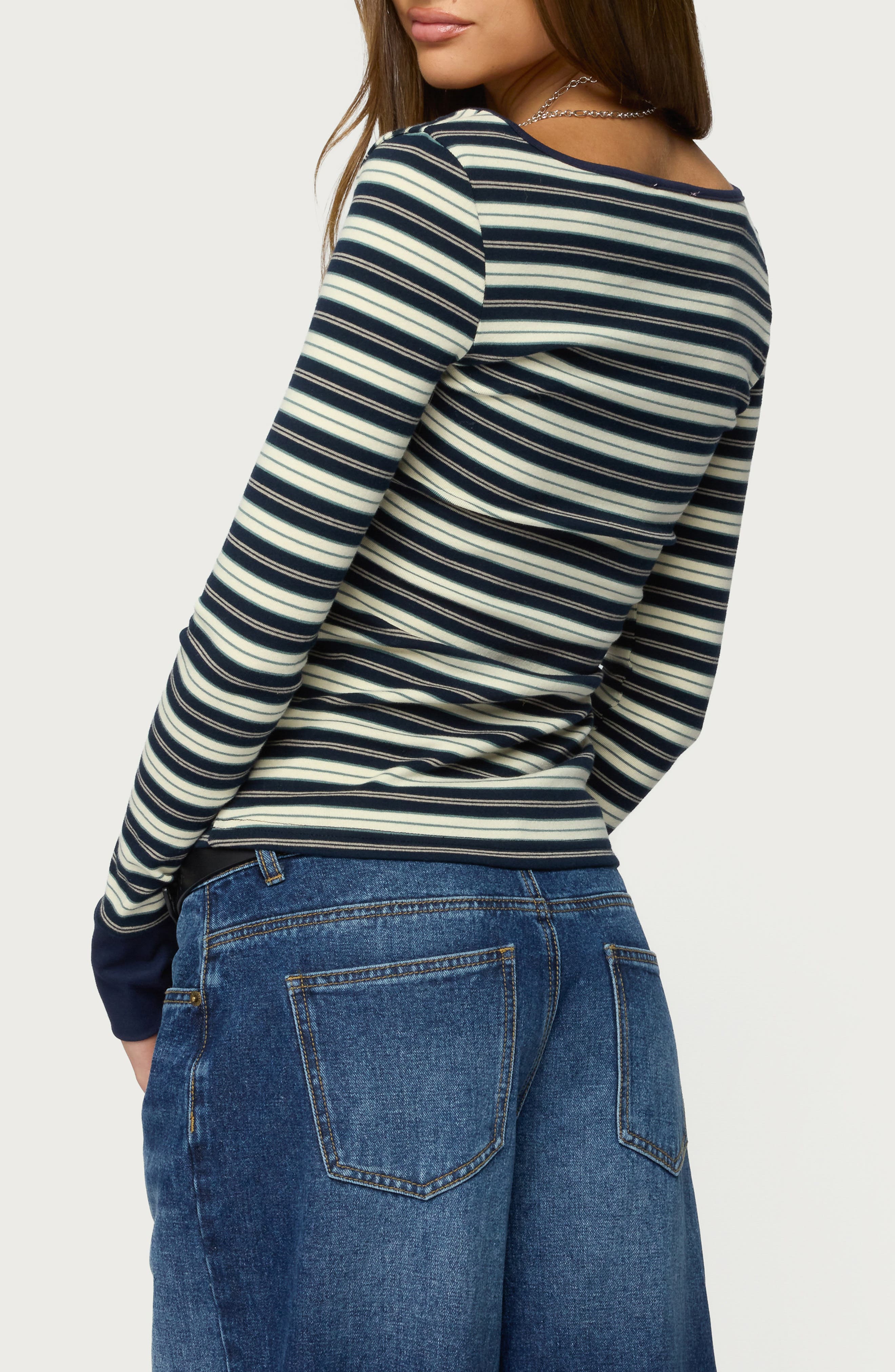Jaida Stripe Stretch Cotton Henley Top - image 2
