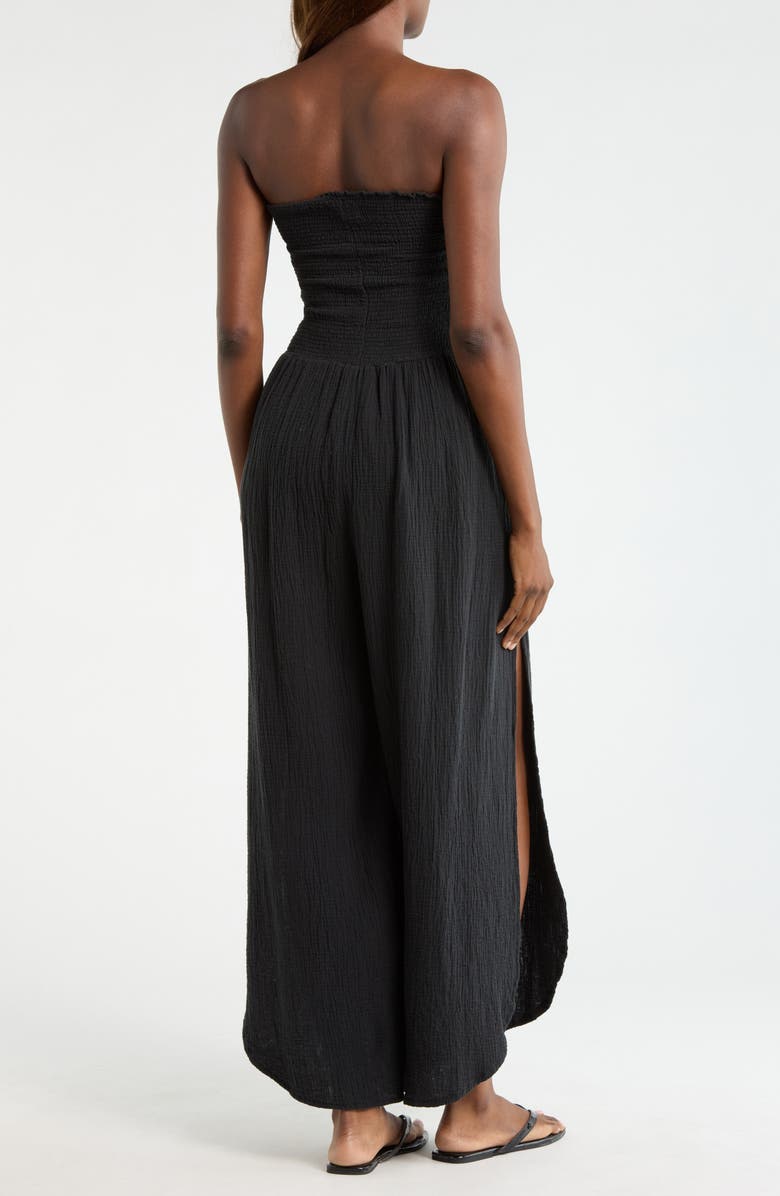 Elan Strapless Smocked Bodice Cotton Gauze Cover-Up Jumpsuit, Alternate, color, Black