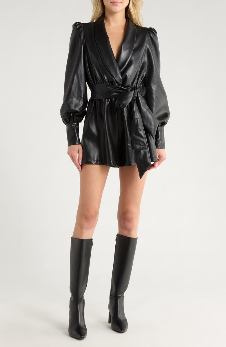 AREA STARS Jade Faux Leather Long Sleeve Romper, Main, color, Black