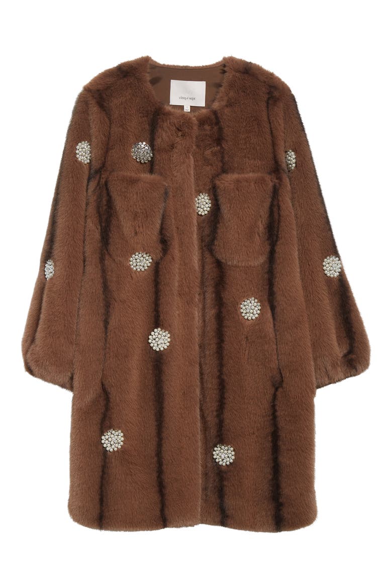 Faux Pearl & Crystal Detail Faux Fur Coat, Alternate, color, TAUPE