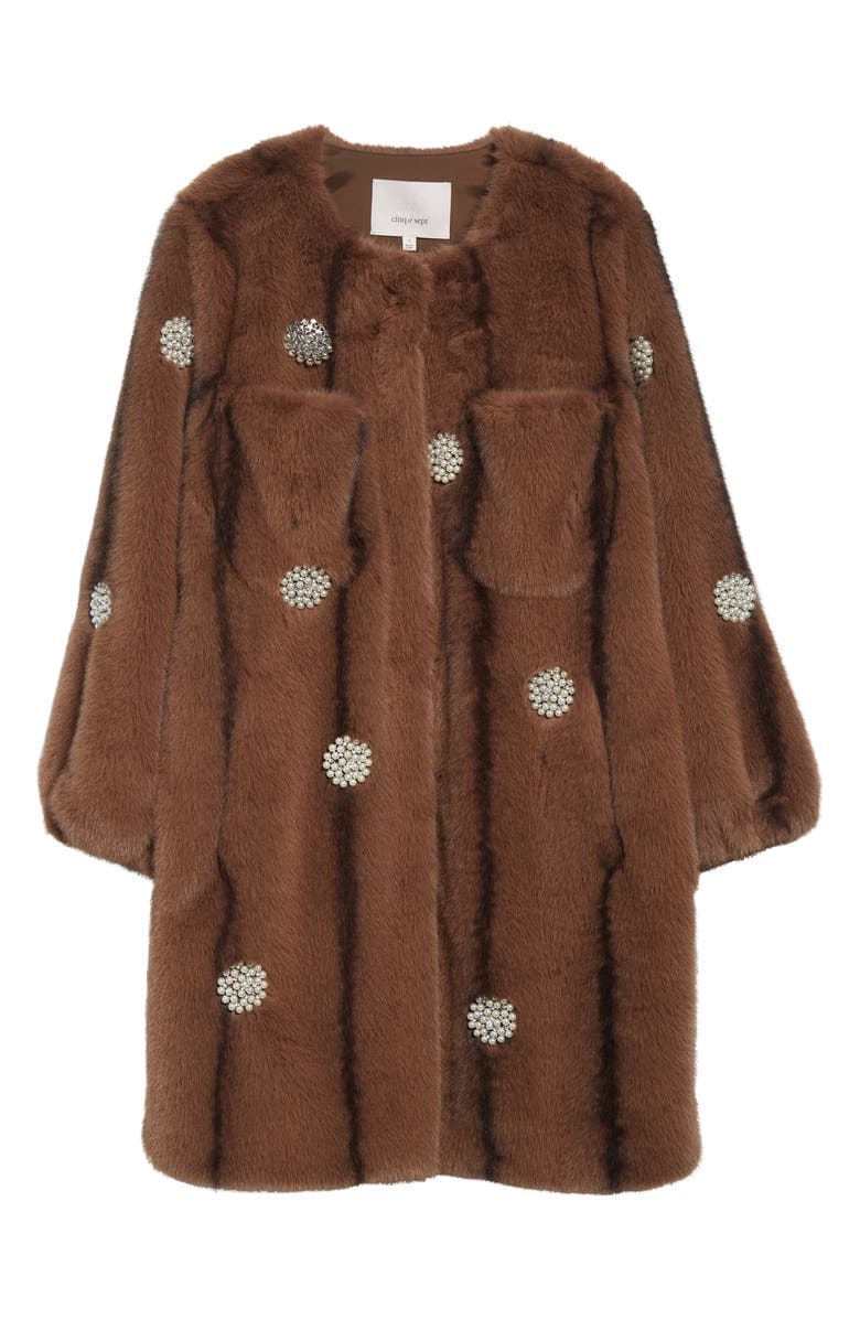 Cinq à Sept Faux Pearl & Crystal Detail Faux Fur Coat, Alternate, color,