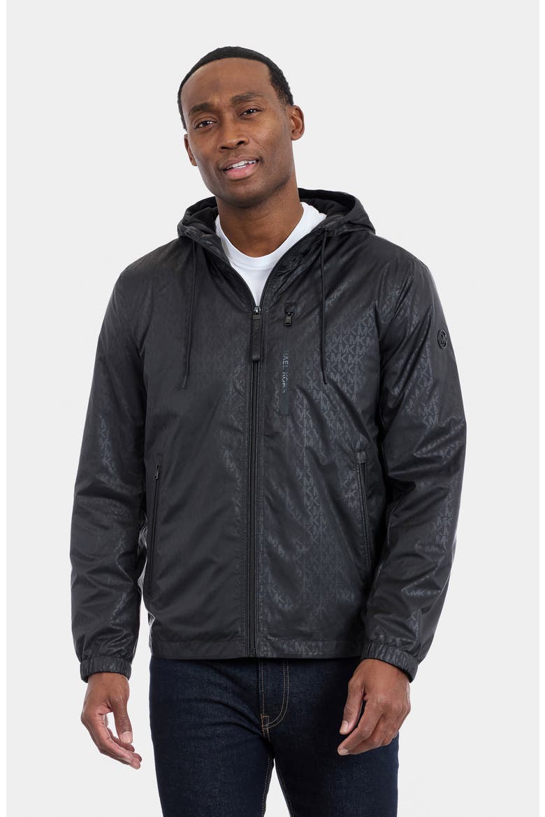 Allover Logo Print Windbreaker Jacket, Alternate, color, BLACK