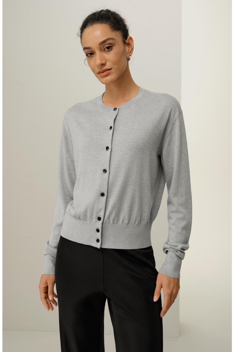 Women's Round-Neck Silk Cashmere Cardigan, Alternate, color, Foggy