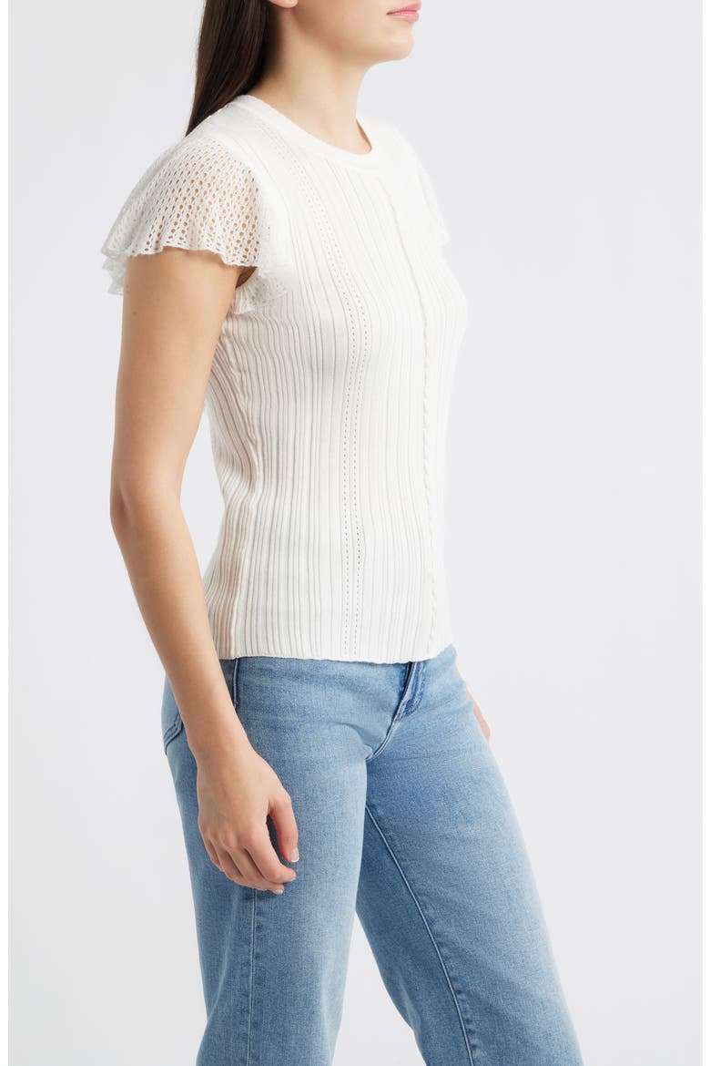 Pointelle Flutter Sleeve Sweater, Alternate, color, OFF WHITE