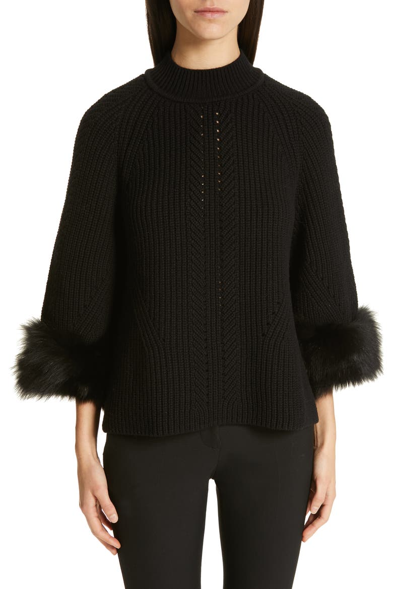 Genuine Fox Fur Cuff Cashmere Sweater, Main, color, BLACK