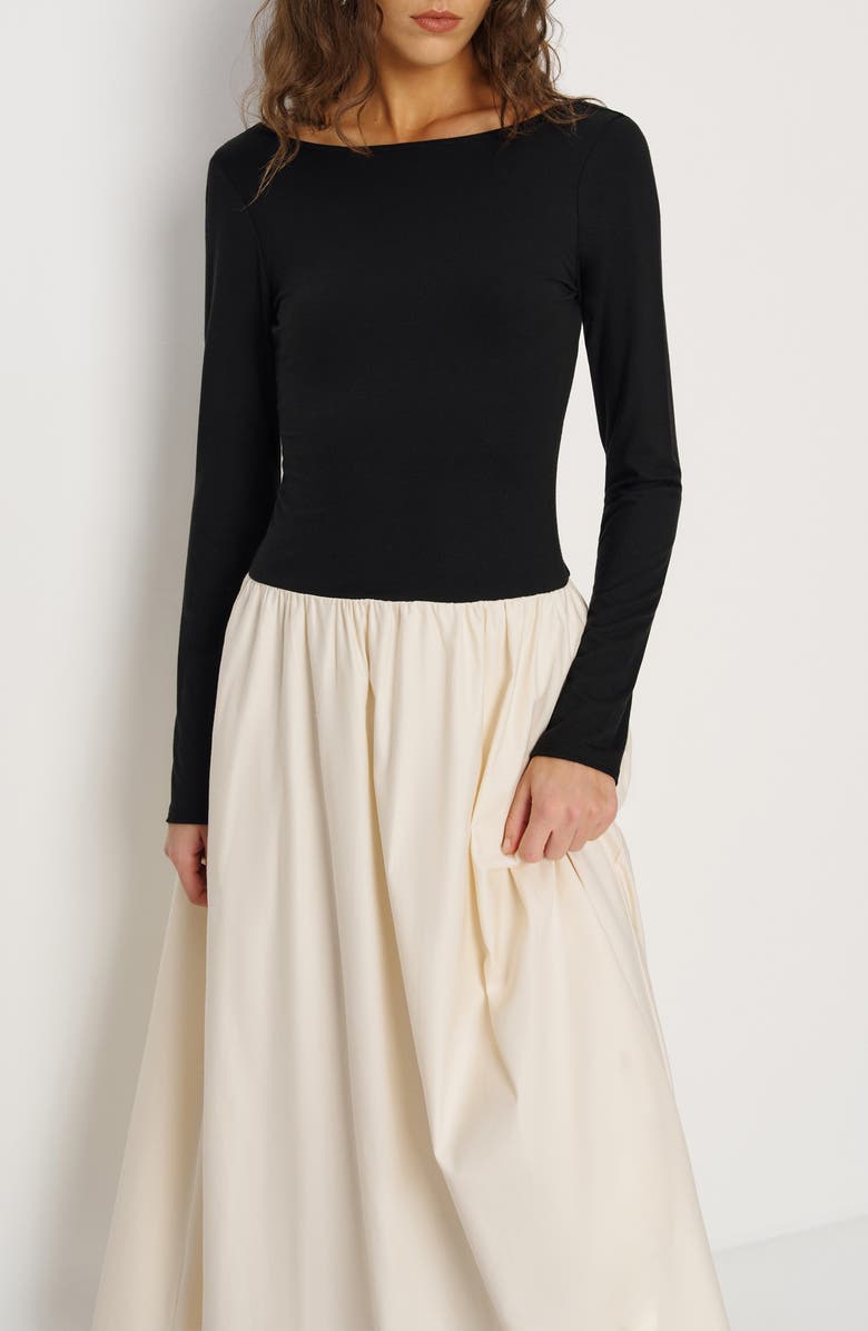 Reformation Abel Long Sleeve Mixed Media Maxi Dress, Alternate, color, Black And Sugar