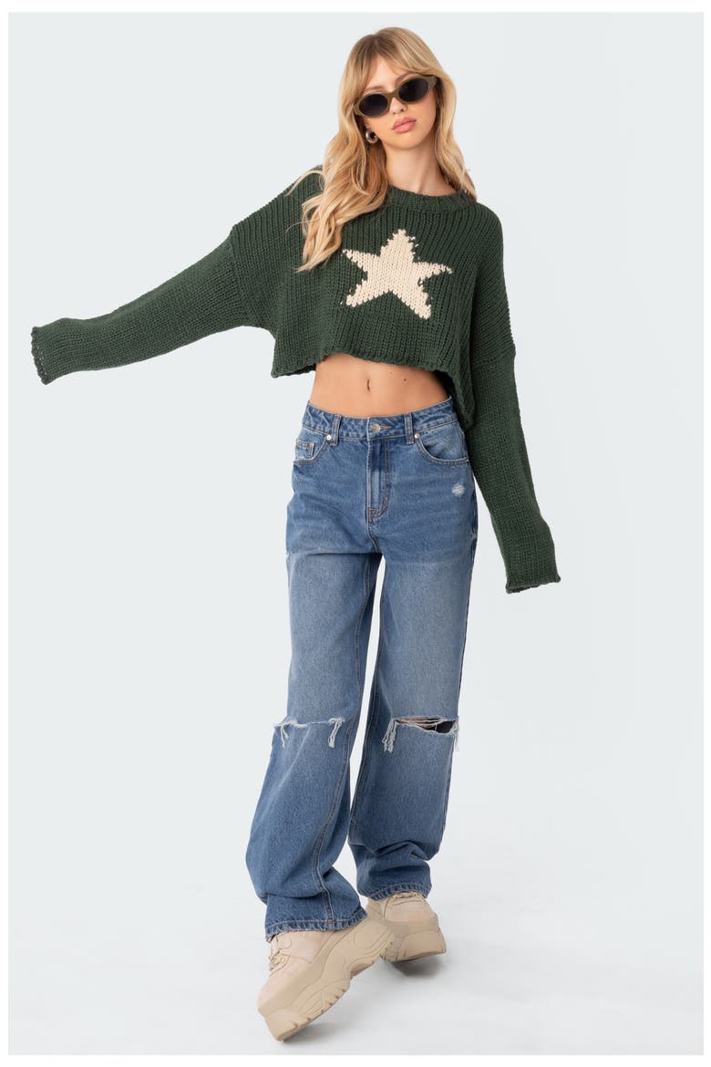 Mega Star Intarsia Crop Sweater, Alternate, color, GREEN