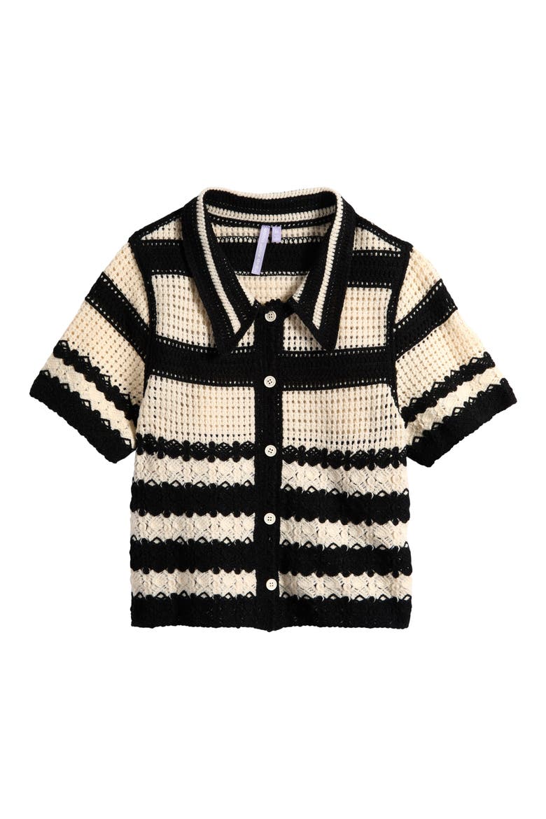 Kids' Stripe Open Stitch Knit Button-Up Top, Main, color, IVORY BLACK