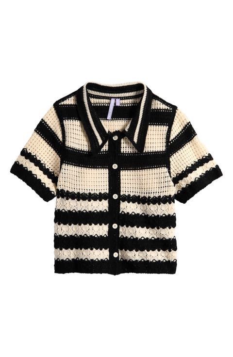 Kids' Stripe Open Stitch Knit Button-Up Top (Big Kid)