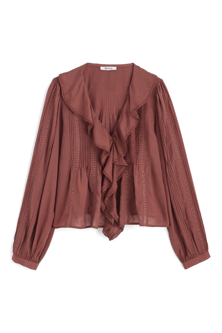 Lace Insert Ruffle Pintuck Long Sleeve Top, Alternate, color, BURNT SOIL
