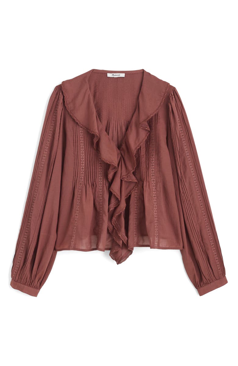 Madewell Lace Insert Ruffle Pintuck Long Sleeve Top, Alternate, color, Burnt Soil