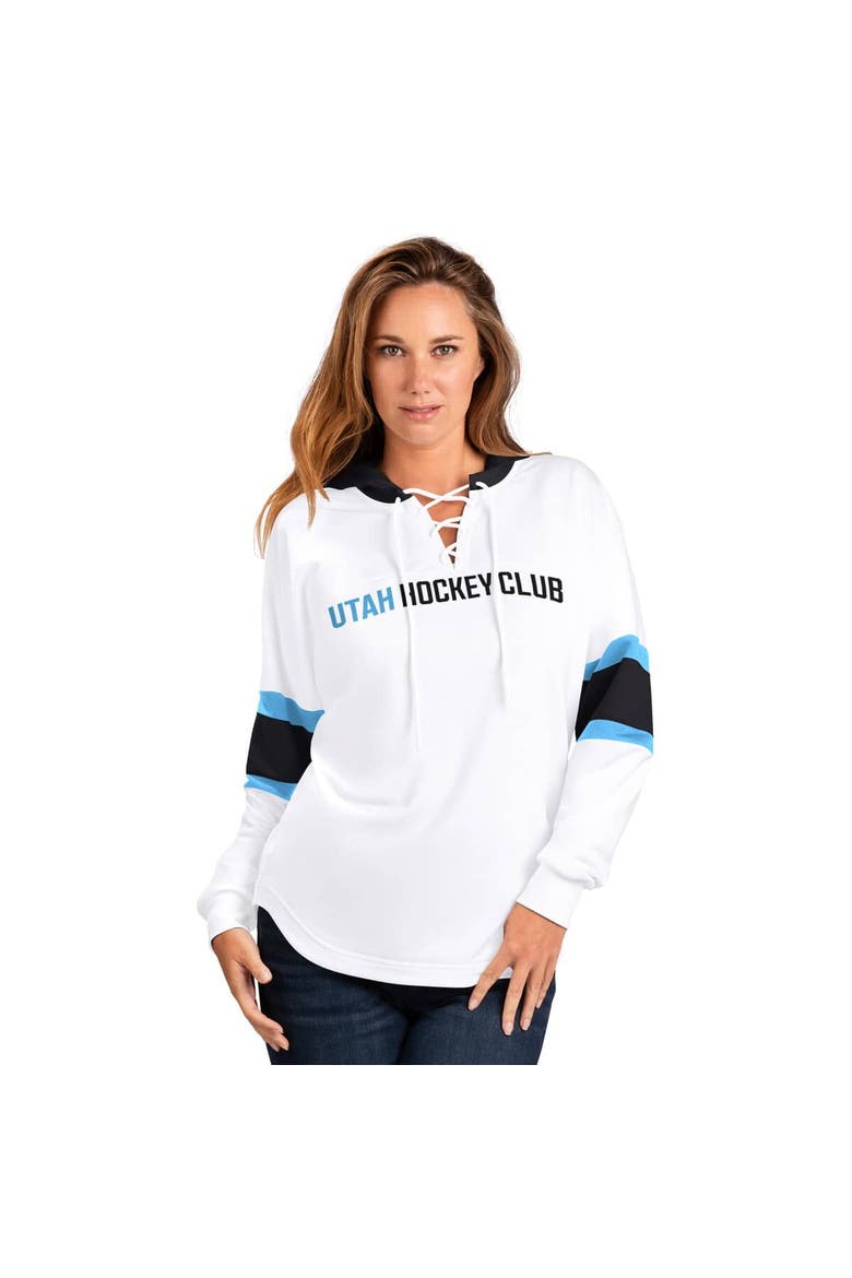 Women's G-III 4Her by Carl Banks  White Utah Mammoth Goal Zone Long Sleeve Lace-Up Hoodie T-Shirt, Alternate, color, White