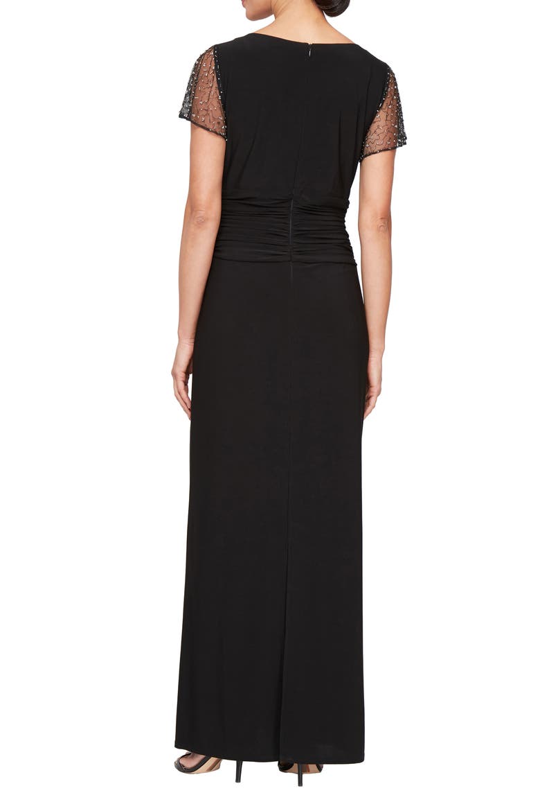 Ruched Beaded Flutter Sleeve Column Gown, Alternate, color, BLACK