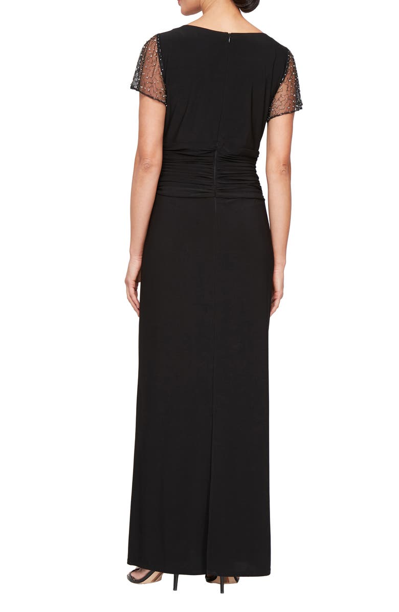 SL FASHIONS Ruched Beaded Flutter Sleeve Column Gown, Alternate, color,