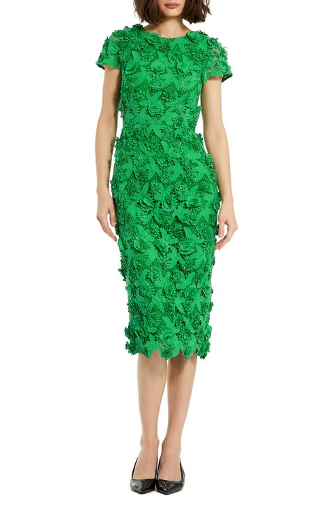 Lace 3D Flower Fitted Short Sleeve Midi Dress