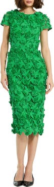 Mac Duggal Lace 3D Flower Fitted Short Sleeve Midi Dress