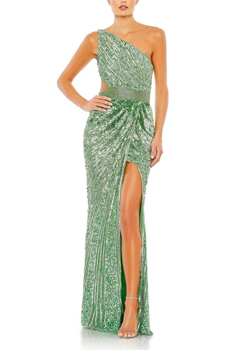 Sequined One Shoulder Draped Lace Up Gown