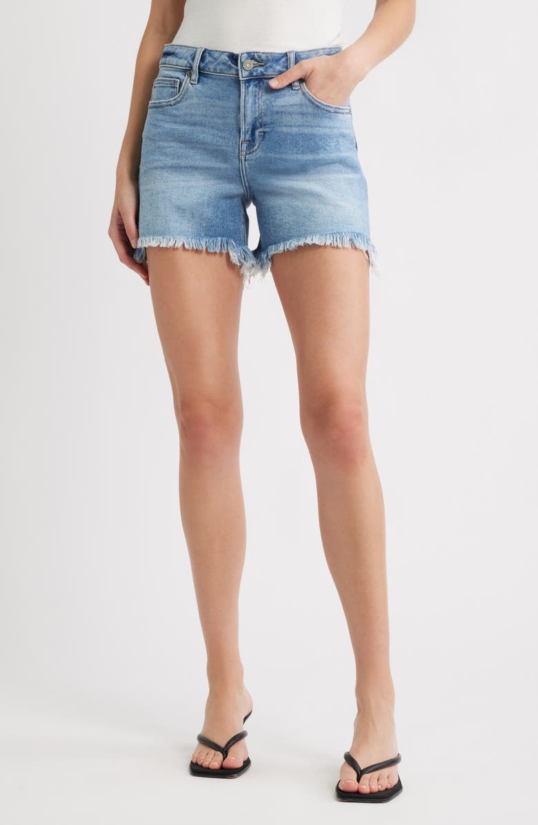 HIDDEN JEANS Frayed Hem Boyfriend Denim Shorts, Main, color, Medium Wash