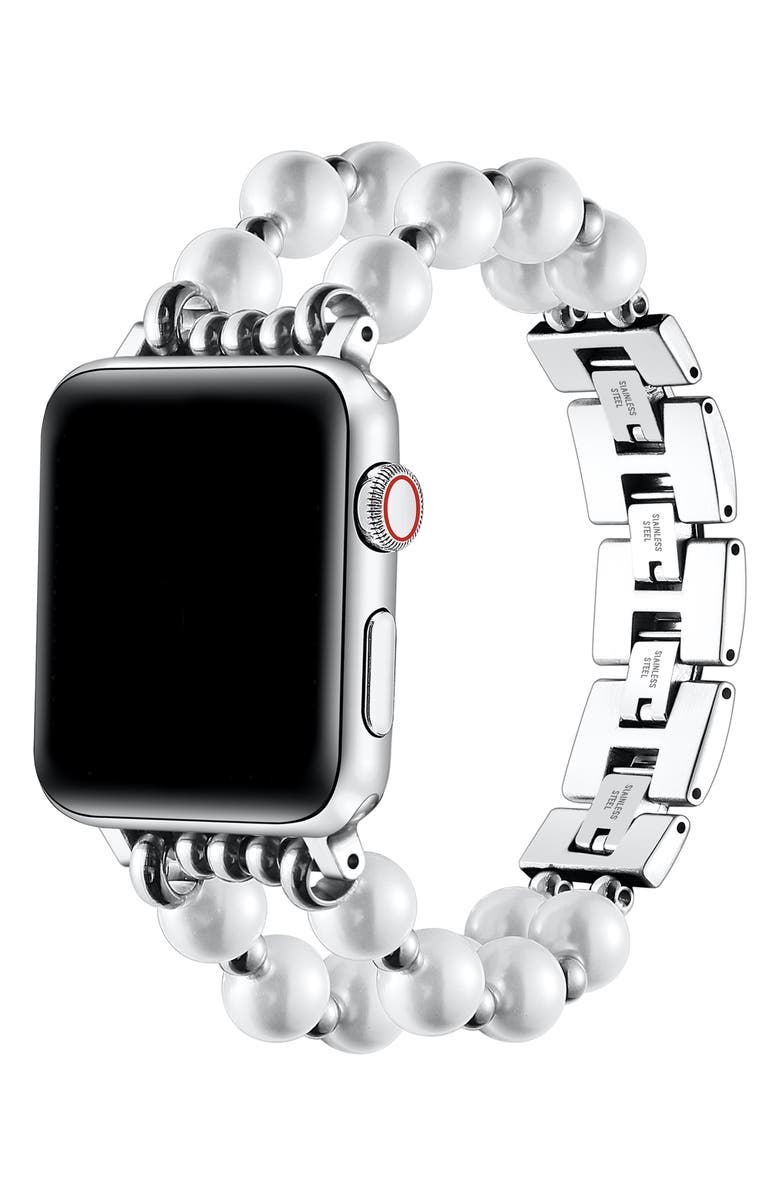 The Posh Tech Sheridan Faux Pearl Apple Watch<sup>®</sup> Watchband, Alternate, color, Silver