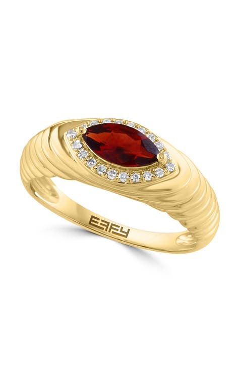 14K Yellow Gold  Marquise Garnet & Diamond Fluted Ring