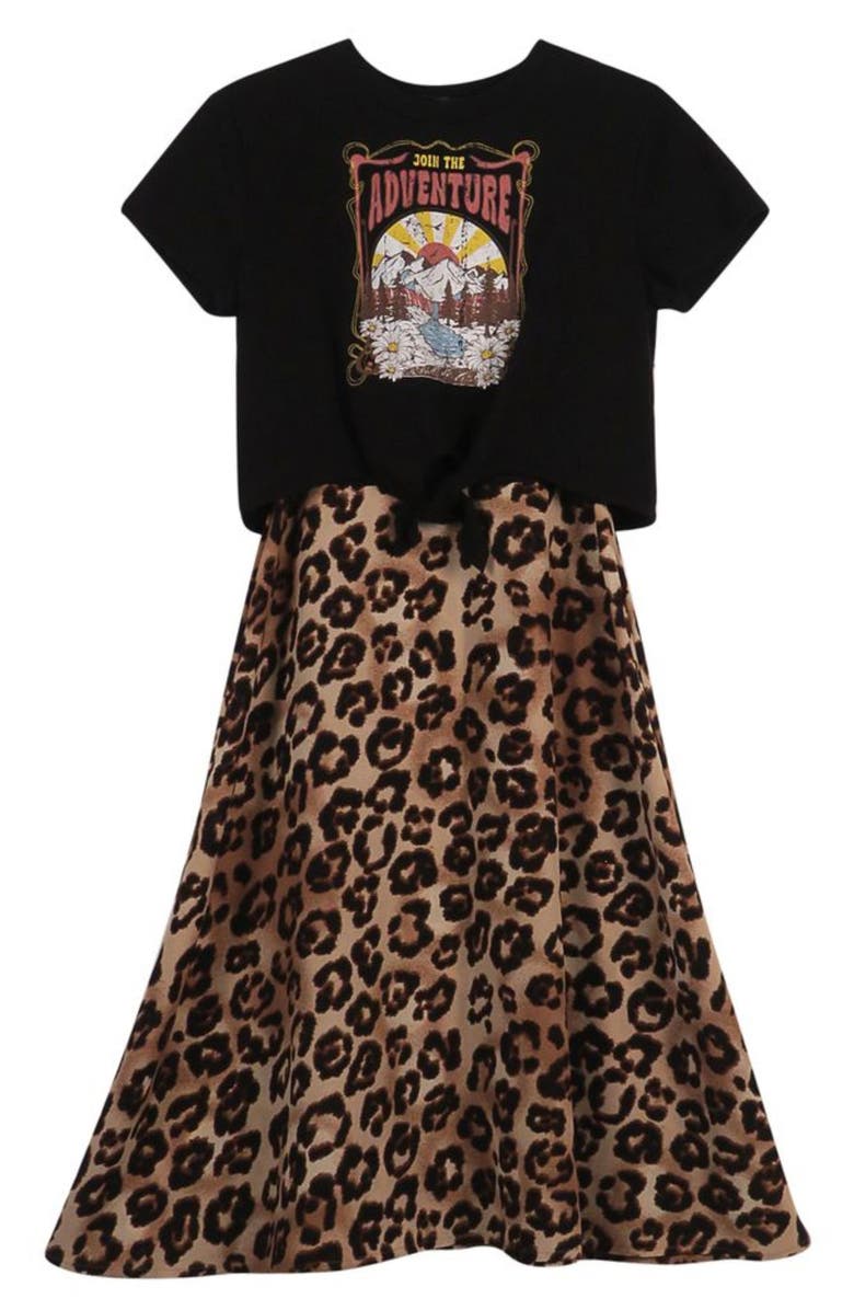 Zunie Kids' Graphic T-Shirt & Leopard Skirt Set, Main, color, Black/ Tan