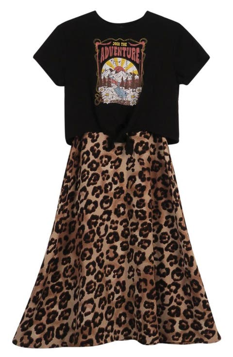 Kids' Graphic T-Shirt & Leopard Skirt Set