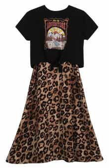 Kids' Graphic T-Shirt & Leopard Skirt Set