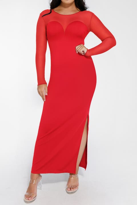 Shapewear Mesh Long Sleeve V-Back Slimming Maxi Dress